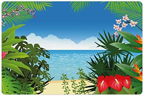 מחצלת לחיות מחמד עלים למזון ומים, נושא חוף אי ג 'ונגל חוף ים נוף לאוקיינוס עם פרחי צד הדפסת קרפ ג'