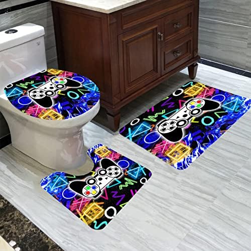 Kodhyvj 4 PCS גיימר וילון מקלחת סט לסטים של אמבטיה עם וילון, שטיח, כיסוי שירותים ועיצוב אמבטיה של