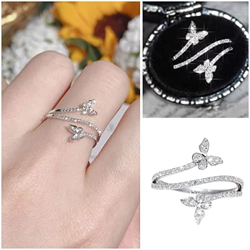2023 טבעת פרפר כפולה חדשה זירקון כסף זירקון יהלום חתונה תכשיטים מתנה לנשים צורת פרפר ריינסטון טבעת גודל