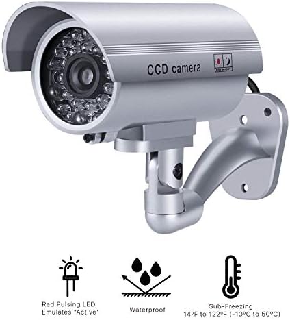 מצלמת אבטחה של דמה Flexzion חיצונית מזויפת של מצלמות מעקב מזויפות במעקב סגור עם מדבקות, LED, IR מדומה, קיר