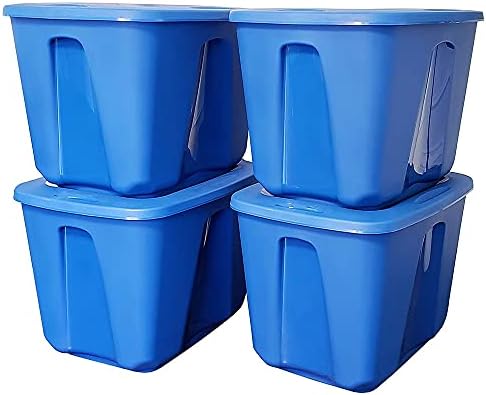 הומז 18 ליטר בינוני סטנדרטי פלסטיק אחסון מיכל סל עם מאובטח הצמד מכסה עבור בית ארגון, כחול, 4 חבילה