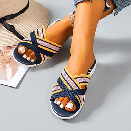 נשים של קיץ חוף שקופיות שטוח טריז כפכפים אלסטי צלב בוהן פתוח סנדלי רך נוח כרית נעל