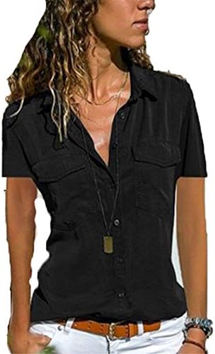 Andongnywell Womens חולצות שרוול קצר נגד צוואר צווארון כפתור מטה חולצה עם כיסים עסקים בקיץ