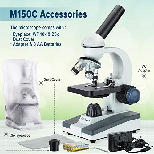AMSCOPE M150C-PS25 מיקרוסקופ מונוקולרי מורכב, WF10X ו- WF25X עיניים, הגדלה 40X-1000X, תאורת LED, שדה