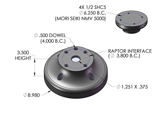 רפטור-201 מתקן מתקן למכונת כרסום מורי סייקי 5000, מעגל בורג 6.25, קוטר 8.980, גובה 3.500, אלומיניום,