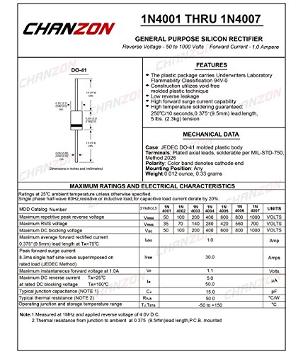 Chanzon 1N4004 דיודה מיישר 1A 400V DO-41 AXIAL 4004 IN4004 1 AMP 400 וולט דיודות סיליקון אלקטרוניות
