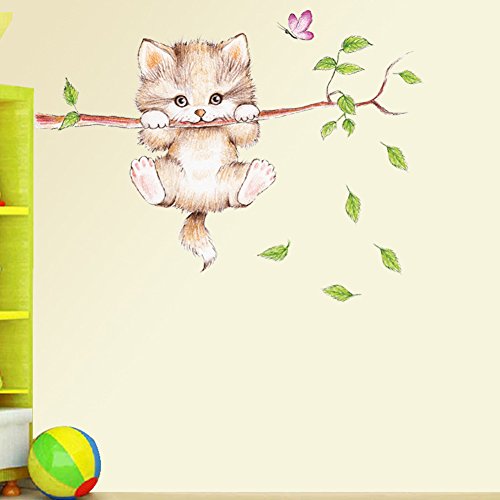 קריקטורה חמוד חתול על עץ סניף קיר מדבקת בנות לחיות מחמד חתול נשלף קיר מדבקות, ילדי ילדים תינוק בית חדר