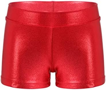 Loodgao ילדים בנות נוצצות מתכות מתכתיות מכנסיים קצרים לבוש ריקוד מכנסיים אתלטים ריקוד מתנפנף מטאלי, אדום 5-6