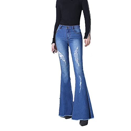 פעמון תחתון ג 'ינס לנשים קרע אמצע עלייה גלם מכפלת התלקח ז' אן הרזיה סקיני נהרס רחב רגל ג ' ינס מכנסיים