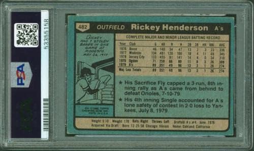 Rickey Henderson של A חתם על 1980 Topps 482 כרטיס טירון Auto 10! לוחית PSA/DNA - קלפי חתימה