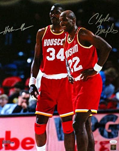 דרקסלר/אולאוג'ווון יוסטון רוקטס חתימה 16x20 jsy jsy צילום- jsa W *כסף - תמונות NBA עם חתימה