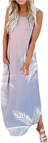 נשים קיץ מקסי שמלה ללא שרוולים עגול צוואר מזדמן רופף ארוך שמלת טידי פרחוני חוף שמלות עם כיסים
