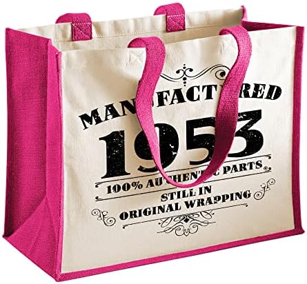 מתנות שקיות תיקי יום הולדת 70 לנשים - תיקי כתף יוטה כותנה לשימוש חוזר לקניות - מיוצר 1953 פוקסיה -L