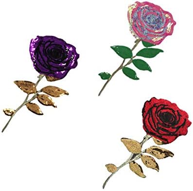 3 חתיכות טלאי ורדים ברזל או תפור על טלאי נציפי ורדים נצנצים רקומים טלאים פרחוניים ורדים לג'ינס בגדים חולצת טריקו