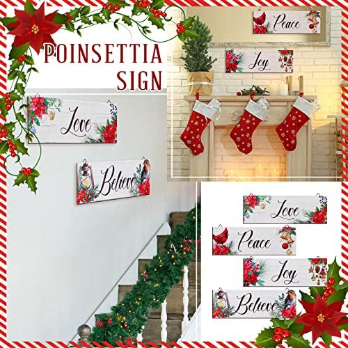 4 חלקים שלטי וינטג 'עץ חג המולד חג המולד Poinsettia Joy Love Come