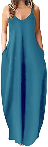 בידוביבו בתוספת גודל מקסי שמלות נשים נשים קיץ ארוך ספגטי רצועת שרוולים מקרית ארוך מקסי שמלה עם כיסים