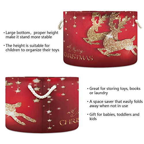 קיגאי זהב מבהיק קישוטי חג המולד סל אחסון עגול גדול עם ידית, סלי כביסה דקורטיביים מתקפלים לשמיכה, מארגן