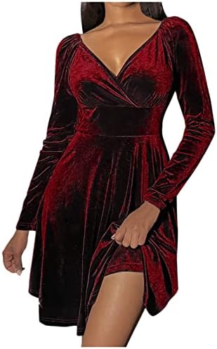 שמלת קטיפה של שרוול ארוך אלסטי אלסטי לנשים בצבע אחיד A-Line V-Neck שמלת נדנדה גבוהה במותניים