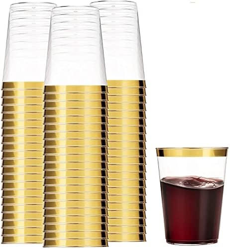 מונפיקס 100 כוסות פלסטיק זהב 16 עוז כוסות פלסטיק שקופות כוסות עם מסגרת זהב כוסות חתונה חד פעמיות
