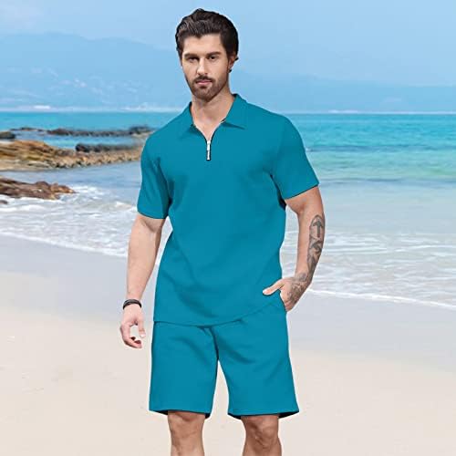 Aulemen Mens 2 חלקים רוכסן אימונית שרוול קצר הדפסת חולצה ומכנסיים קצרים מגדירים תלבושות קיץ לגברים כחול