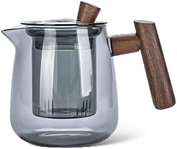 קומקום זכוכית אפור אפור של Can All-in-One של CAN עם מכסה ומסננת-בורוסיליקט כוס תה כוס תה עם ידית עץ לתה התלוי