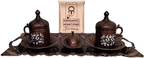 טורקית בעבודת יד בעבודת יד - יוונית - סט קפה ערבי - צלחת מחזיק מתכת חרסינה וכוס אספרסו עם מכסה - קפה טורקי