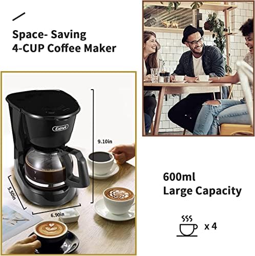 GEVI 4 כוסות מכונת קפה קטנה, מכונת קפה קומפקטית עם פילטר לשימוש חוזר, צלחת מחממת וסיר קפה לבית ולמשרד