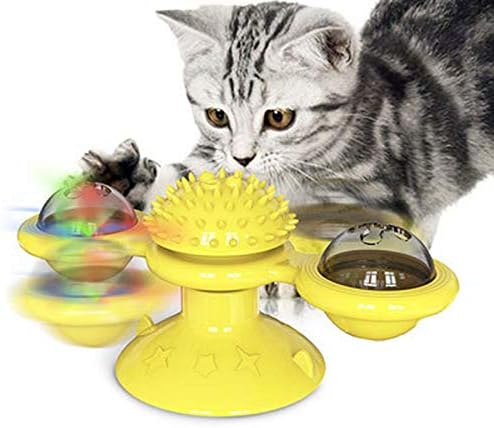 צעצוע חתול טחנת רוח צעצוע חתול, פטיפון חתול מתגרה צעצוע אינטראקטיבי עם כוס יניקה וכדור הוביל, טחנת רוח ניידת מברשת