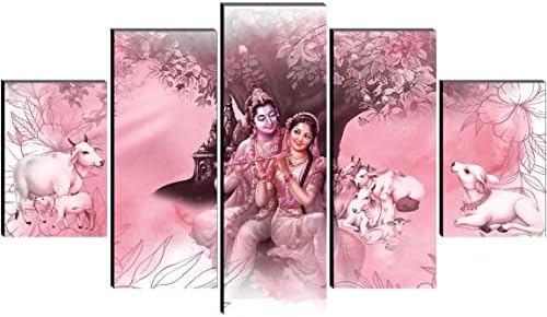 סט SAF של 5 Radha Krishna עם פרה אמנות מודרנית דתית ביתי ציור קיר דקורטיבי 30 אינץ 'x 18 אינץ' PNLS32207