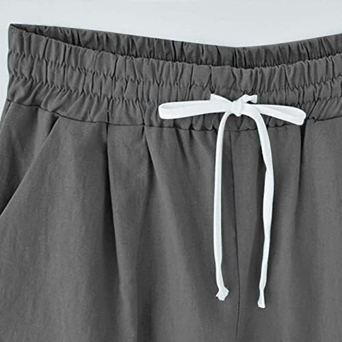 מכנסי קאפרי לנשים בתוספת גודל, פשתן כותנה מוצקה לנשים ברמודה מכנסי קיץ מכנסי טרנינג רגל רחבים פטיט