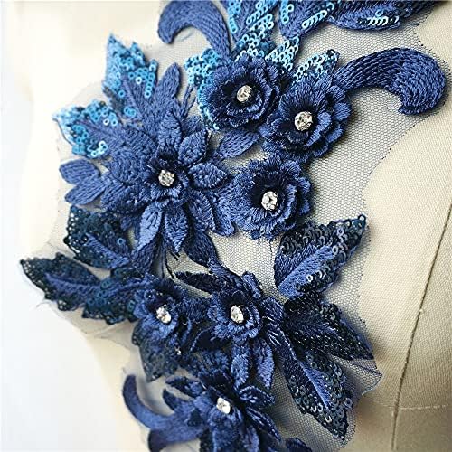 Slatiom Nawy Nawy Blue Tace Pearchin 3D פרחים Rhininestone ציצית שמלת כלה אפליקציות לקצוות טלאי תפור רקום