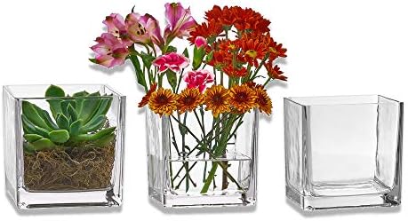 סט פרנו של 3 אגרטלים מרובעים מזכוכית 5 x 5 אינץ ' - אגרטל פרחים צורה ברורה, בעלי נרות - מושלם כמרכזי חתונה,