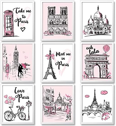 PAJEAN 9 PIECES PARIS הדפסי אמנות קיר, עיצוב חדר שינה של מגדל איפל ורוד רומנטי תפאורה חדר נושא פריז