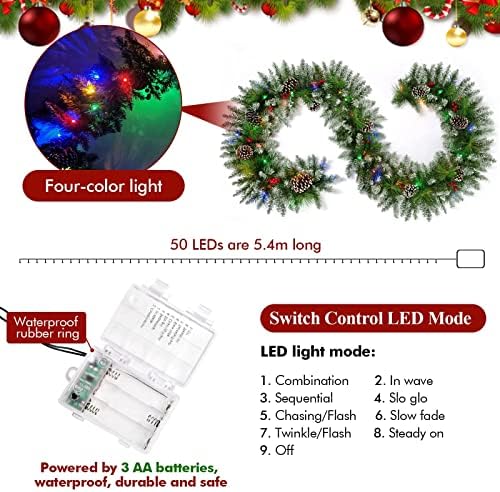 Kevizewo זר חג המולד עם אורות, 9 ft 50 LED 8 מצבי אור סוללה כריסטמה אור, גרלנד, זר המופעל על