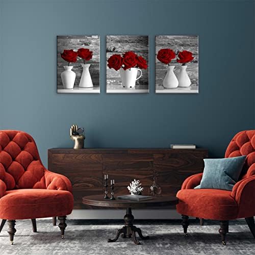 קיר אמנות בד צביעת ורד אדום ציור פרחים אמנות קיר לסלון חדר שינה 3 חלקים ממוסגרים דקור בית יצירות אמנות 12 x16