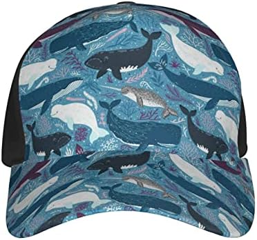 לווייתן דפוס מודפס בייסבול כובע, מתכוונן אבא כובע, מתאים לכל מזג האוויר ריצה ופעילויות חוצות שחור