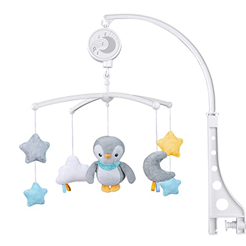 תינוק מוסיקלי נייד עם שירי ערש מוסיקה תיבה, מסתובב פינגווין נייד מוצץ עריסה צעצוע, מתנה עבור תינוק משתלת