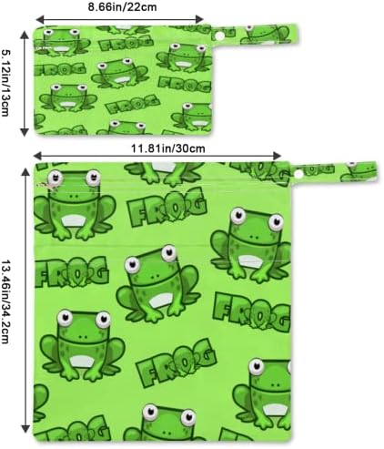 צפרדע ירוקה שקית יבשה רטובה לבגד ים חיתול בד, צפרדע מצוירת אטומה למים מארגן שקיות רטובות עם כיסים עם
