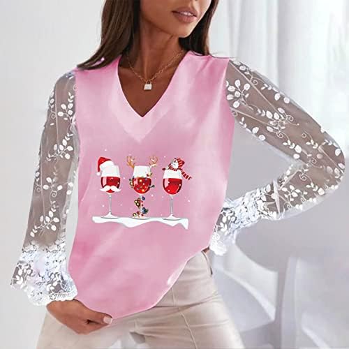 חולצות חג מולד ורודות נשים נ 'צוואר נצנצים יין חג המולד טייז נשים מצחיקות טוניקה טוניקה עליונה