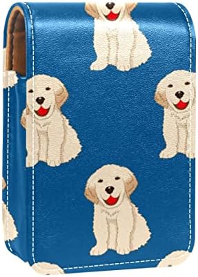 חלק חמוד כלב כחול רקע קטן שפתון מקרה עם מראה עבור ארנק, עמיד עור קוסמטי איפור מחזיק, נייד נסיעות קוסמטי