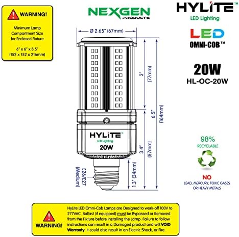תאורת LED Hylite 20 וואט ביצועים גבוהים LED OMNI-COB מנורת, 360 מעלות ,, 50K, 3000 למ, 100 ~