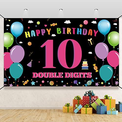 קישוטי יום הולדת 10 לילדה, באנר רקע יום הולדת 10 שמח, ספרות כפולות מסיבת יום הולדת בת 10 חצר סימן אבזרי תא צילום