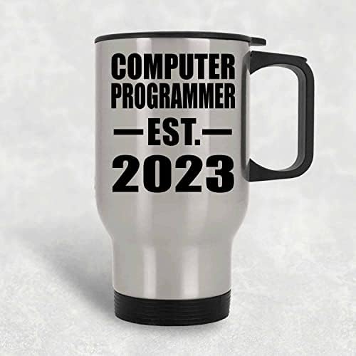 Designsify מתכנת מחשבים מבוסס est. 2023, ספל נסיעות כסף 14oz כוס מבודד מפלדת אל חלד, מתנות