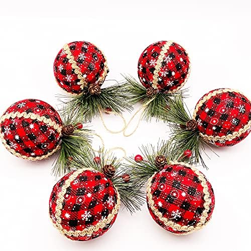 קינמריס 6 יחידות קישוטי כדור משובץ חג המולד - קישוטי כדורי בד משובצים באפלו שחור ואדום 3 אינץ '