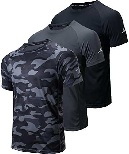 חולצת אימון לגברים עם 3 חבילות כושר יבש כושר ספורט שרוול קצר רשת מנדפת לחות, שחור אפור שחור