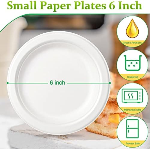צלחות נייר גרקונב 6 אינץ', 100 חבילות צלחות נייר בתפזורת, צלחות נייר חד פעמיות הניתנות לקומפוסטציה,