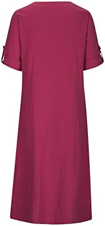 נשים של קיץ אופנה מוצק צבע עגול צוואר אמצע שרוול כותנה פשתן שמלת רופף מידי שמלה עם כיסים