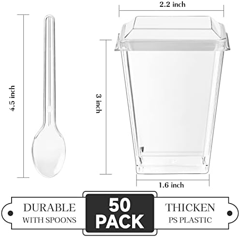 Toflen 50 חבילה 5 גרם כוסות קינוח מיני עם מכסים וכפיות - כוסות פרפיית פלסטיק ברורות ומרובעות