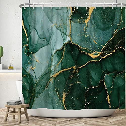 וילון מקלחת ישר ירוק תקציר Ombre דיו ציור אמנות וילונות מקלחת זהב מרקם אלגנטי זהב וילון מקלחת מערכות וילון