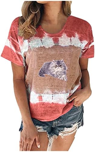 נשים מקרית אופנה קצר שרוול טיז קיץ נוח חולצות חולצה חמוד חתול מודפס צוות צוואר חולצה חולצות
